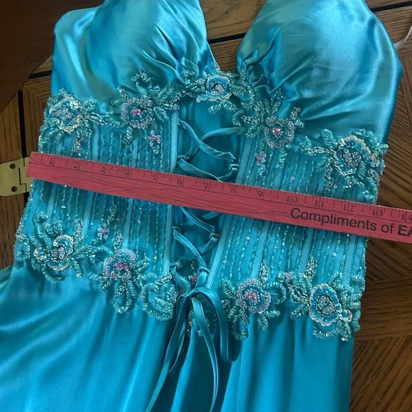 Turquoise Blue Silk Corset Halter Evening Prom Gown - Picture 10 of 16